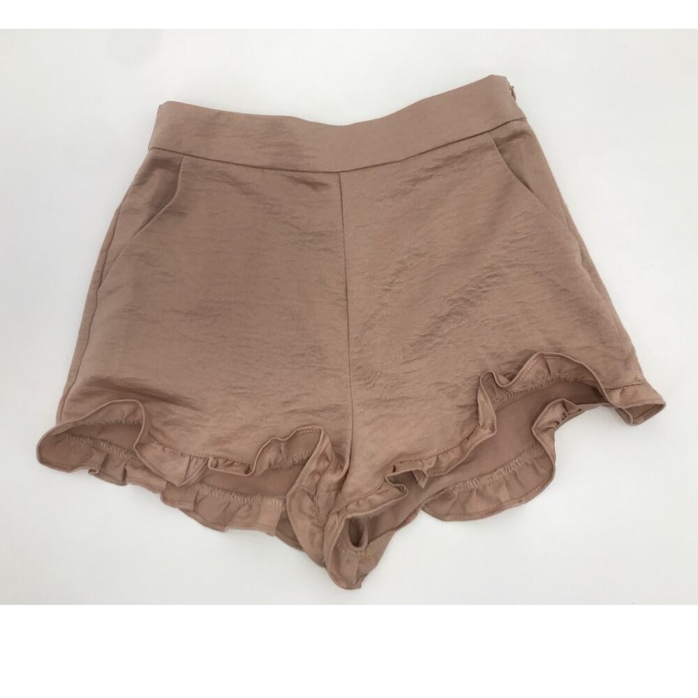 She + Sky Taupe Crinkle Satin Ruffle Trim Shorts Womens S